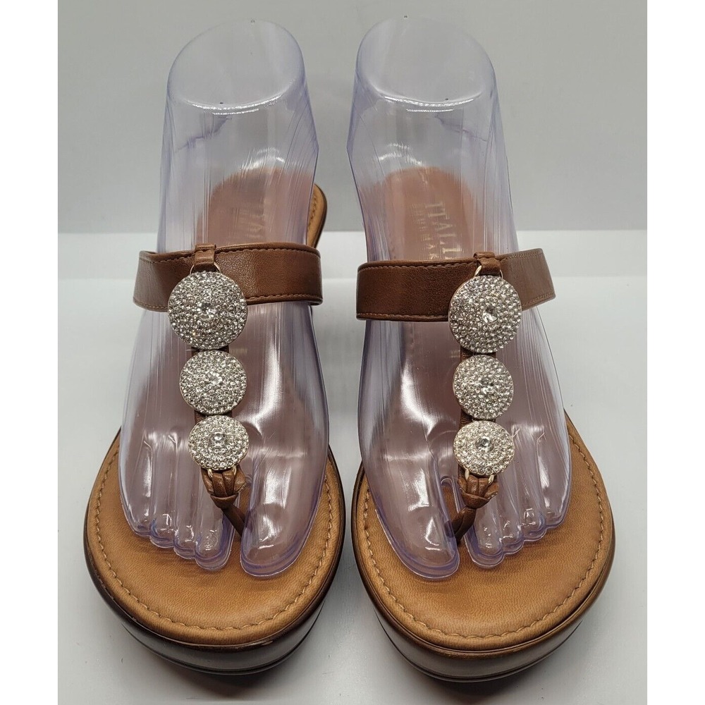 Italian Shoe Makers Women SZ 8.5 Brown Wedge Slip Ons Circles of Rhinestones